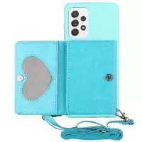 For Samsung Galaxy A33 5G PU Leather Stand Wallet Cover Soft TPU Phone Case with Shoulder Strap - Cyan