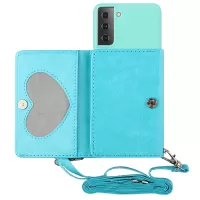 For Samsung Galaxy S22+ 5G Soft TPU Bottom Case + PU Leather Wallet Foldable Stand Cover with Shoulder Strap - Cyan