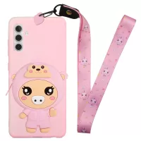 For Samsung Galaxy A13 5G Cartoon Animal Wallet Design TPU + Silicone Cover Anti-drop Hybrid Phone Case with Long Lanyard - Light Pink/Pig