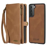 MEGSHI 017 Series Detachable Leather Case for Samsung Galaxy S22+ 5G, Magnetic Absorption Anti-scratch Wallet Pocket Phone Shell with Wrist Strap - Brown