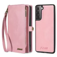 MEGSHI 017 Series Wallet Case for Samsung Galaxy S21+ 5G, 2-in-1 Leather Zipper Detachable Magnetic Card Slots Holder Flip Cover with Strap - Rose Gold