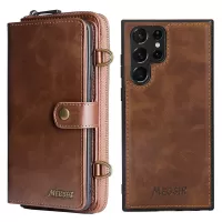 MEGSHI 020 Series PU Leather Case for Samsung Galaxy S22 Ultra 5G, Wallet Magnetic Detachable 2-in-1 Mobile Case Cover with Shoulder Strap - Brown