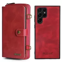 MEGSHI 020 Series PU Leather Case for Samsung Galaxy S22 Ultra 5G, Wallet Magnetic Detachable 2-in-1 Mobile Case Cover with Shoulder Strap - Red