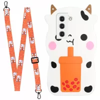 For Samsung Galaxy S22+ 5G Shoulder Strap Design 3D Cartoon Silicone Layer + Inner Soft TPU Phone Case Cover - Cow