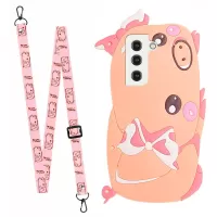 For Samsung Galaxy S22 5G 3D Cartoon Design Shoulder Strap Phone Case Silicone + TPU Hybrid Cover Shell - Pig