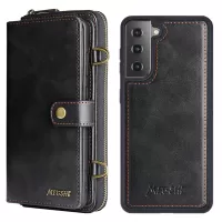 MEGSHI 020 Series PU Leather Case for Samsung Galaxy S22 5G, Shoulder Strap Anti-fall Wallet Magnetic Detachable 2-in-1 Mobile Case Shell - Black
