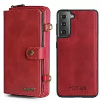 MEGSHI 020 Series PU Leather Case for Samsung Galaxy S22 5G, Shoulder Strap Anti-fall Wallet Magnetic Detachable 2-in-1 Mobile Case Shell - Red