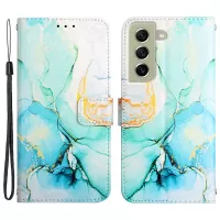 YB Pattern Printing Series-5 for Samsung Galaxy S21 FE 5G / S21 Fan Edition Printed Marble PU Leather Wallet Case Magnetic Closure Stand Flip Wrist Strap Phone Cover - Green LS003