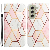 YB Pattern Printing Series-5 for Samsung Galaxy S21 FE 5G / S21 Fan Edition Printed Marble PU Leather Wallet Case Magnetic Closure Stand Flip Wrist Strap Phone Cover - Pink White LS002