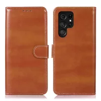 For Samsung Galaxy S22 Ultra 5G Crazy Horse Texture Magnetic Clasp PU Leather Case Wallet Stand Mobile Phone Cover - Brown