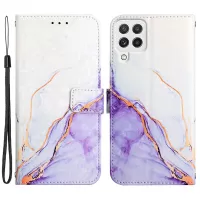 YB Pattern Printing Series-5 for Samsung Galaxy A22 4G (EU Version) Printed Marble Pattern Wallet Case PU Leather Stand Magnetic Flip Case with Wrist Strap - White Purple LS006