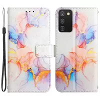 YB Pattern Printing Series-5 for Samsung Galaxy A03s (164.2 x 75.9 x 9.1mm) Full Protection PU Leather Wallet Cover Printed Marble Pattern Wrist Strap Stand Flip Case - Milky Way Marble White LS004