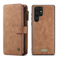 CASEME 007 Series for Samsung Galaxy S22 Ultra 5G Detachable Magnetic Absorption Phone Case Split Leather Zipper Pocket Wallet Stand Cover - Brown