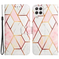YB Pattern Printing Series-5 for Samsung Galaxy A22 4G (EU Version) Printed Marble Pattern Wallet Case PU Leather Stand Magnetic Flip Case with Wrist Strap - Pink White LS002