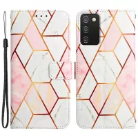 YB Pattern Printing Series-5 for Samsung Galaxy A03s (164.2 x 75.9 x 9.1mm) Full Protection PU Leather Wallet Cover Printed Marble Pattern Wrist Strap Stand Flip Case - Pink White LS002