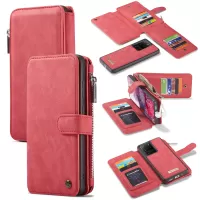 CASEME 007 Series Detachable 2-in-1 Zipper Wallet Split Leather Case for Samsung Galaxy S20 Ultra - Red
