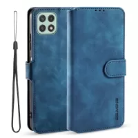 DG.MING Retro Style Leather Folio Flip Wallet Stand Cover with Strap for Samsung Galaxy A22 5G (EU Version) - Blue