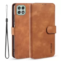 DG.MING Retro Style Leather Folio Flip Wallet Stand Cover with Strap for Samsung Galaxy A22 5G (EU Version) - Brown