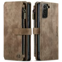 CASEME C30 Series Zipper Pocket Shockproof PU Leather Wallet Case Phone Cover with 10 Card Slots for Samsung Galaxy S21 5G - Brown