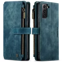 CASEME C30 Series Zipper Pocket Shockproof PU Leather Wallet Case Phone Cover with 10 Card Slots for Samsung Galaxy S21 5G - Blue