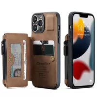 CASEME C20 Series For iPhone 13 Pro 6.1 inch Zipper Pocket Wallet Phone Cover Card Slots Quality PU Leather and TPU Case with Kickstand - Brown