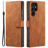 DG.MING Retro Style PU Leather Wallet Cover Scratch-resistant Foldable Stand Phone Case for Samsung Galaxy S22 Ultra 5G - Brown