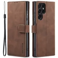 DG.MING Retro Style PU Leather Wallet Cover Scratch-resistant Foldable Stand Phone Case for Samsung Galaxy S22 Ultra 5G - Coffee