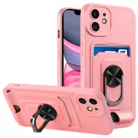 For iPhone 11 6.1 inch Case Rotating Ring Kickstand Hybrid Dual Layer Hard PC + TPU Heavy Duty Protection Phone Cover with Card Holder - Pink