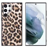 For Samsung Galaxy S22 Ultra 5G Textured Surface Scratch-resistant Cell Phone Case PU Leather Coated Soft TPU + Hard PC Hybrid Shell - Leopard Yellow