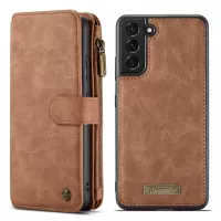 CASEME 007 Series Wallet Phone Case for Samsung Galaxy S22 5G, Split Leather Magnetic Detachable Zipper Pouch Pocket Stand Flip Cover - Brown