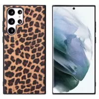 For Samsung Galaxy S22 Ultra 5G Textured Surface Scratch-resistant Cell Phone Case PU Leather Coated Soft TPU + Hard PC Hybrid Shell - Leopard/Dark Brown