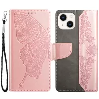 Butterfly Flower Imprinted Leather Case for iPhone 13 6.1 inch, Wallet Adjustable Stand Phone Cover - Rose Gold