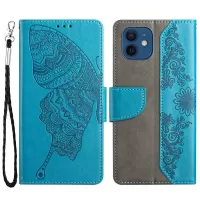 Imprinting Butterfly Flower Phone Cover for iPhone 12 mini 5.4 inch, PU Leather + TPU Wallet Stand Case - Blue