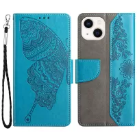 Butterfly Flower Imprinted Leather Case for iPhone 13 6.1 inch, Wallet Adjustable Stand Phone Cover - Blue