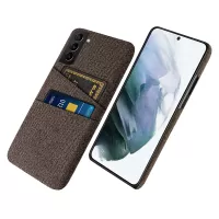 For Samsung Galaxy S21 FE 5G Anti-shock Cloth Coated Hard PC Phone Case Cloth Texture Multifunction Dual Card Slots Cell Phone Back Cover - Brown