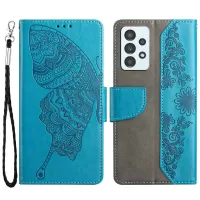 Anti-slip Phone Case for Samsung Galaxy A32 5G Shockproof Folio Flip Wallet Cover Butterfly Flower Imprinted Stand Phone Case - Blue
