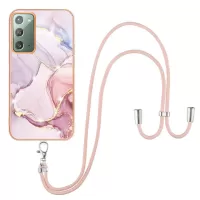 YB IMD Series-9 for Samsung Galaxy Note20/Note20 5G Electroplating IMD Marble Pattern Phone Case Shockproof TPU Cover with Lanyard - Rose Gold 005