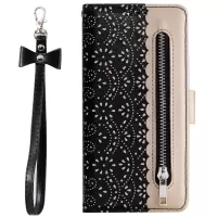 Lace Flower Pattern Zipper Pocket Leather Wallet Phone Cover for iPhone X/XS - Black
