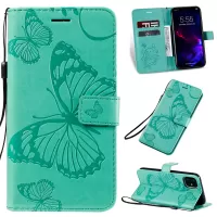 KT Imprinting Flower Series-2 Imprint Butterfly Leather Wallet Case for iPhone 11 6.1 inch (2019) - Cyan