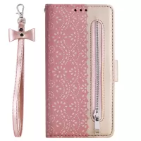 Lace Flower Pattern Zipper Pocket Leather Wallet Phone Cover for iPhone X/XS - Rose Gold
