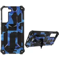 For Samsung Galaxy S22 5G Camouflage Design Kickstand Case Shockproof TPU Hard PC Protective Armor Phone Cover - Dark Blue