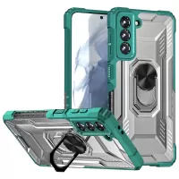 RUGGED SHIELD Hard PC + Soft TPU Hybrid Mobile Phone Shell Shockproof Ring Kickstand Cover for Samsung Galaxy S21 FE 5G - Green