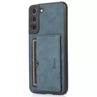 DENIOR For Samsung Galaxy S22 5G Card Holder PU Leather Coated PC + TPU Kickstand Cover Anti-drop Phone Case - Blue