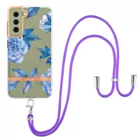 For Samsung Galaxy S21 FE 5G YB IMD-9 Series Flower Pattern IMD IML Soft TPU Phone Case Electroplating Protective Cover with Long Lanyard - HC003 Blue Peony