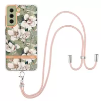For Samsung Galaxy S21 FE 5G YB IMD-9 Series Flower Pattern IMD IML Soft TPU Phone Case Electroplating Protective Cover with Long Lanyard - HC001 Green Gardenia
