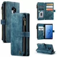 CASEME C30 Series for Samsung Galaxy S9 Supporting Stand Design PU Leather Phone Case Shockproof Zipper Pocket Wallet Phone Cover - Blue