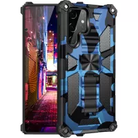 Built-in Kickstand Camouflage Design Well-Protected Anti-Fall Phone Back Cover for Samsung Galaxy S22 Ultra 5G - Dark Blue