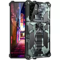 Built-in Kickstand Camouflage Design Well-Protected Anti-Fall Phone Back Cover for Samsung Galaxy S22 Ultra 5G - Mint Green