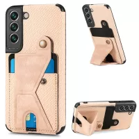 For Samsung Galaxy S22 5G Carbon Fiber Texture K-shape Kickstand PU Leather Coated TPU Card Holder Phone Case with Built-in Metal Sheet - Khaki