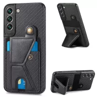 For Samsung Galaxy S22+ 5G Carbon Fiber Texture Phone Case K-shape Kickstand Card Slot PU Leather Coated TPU Cover with Car Mount Metal Sheet - Black